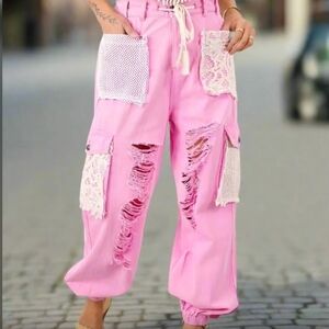 POL Pink Distressed Cargo Jogger Pants